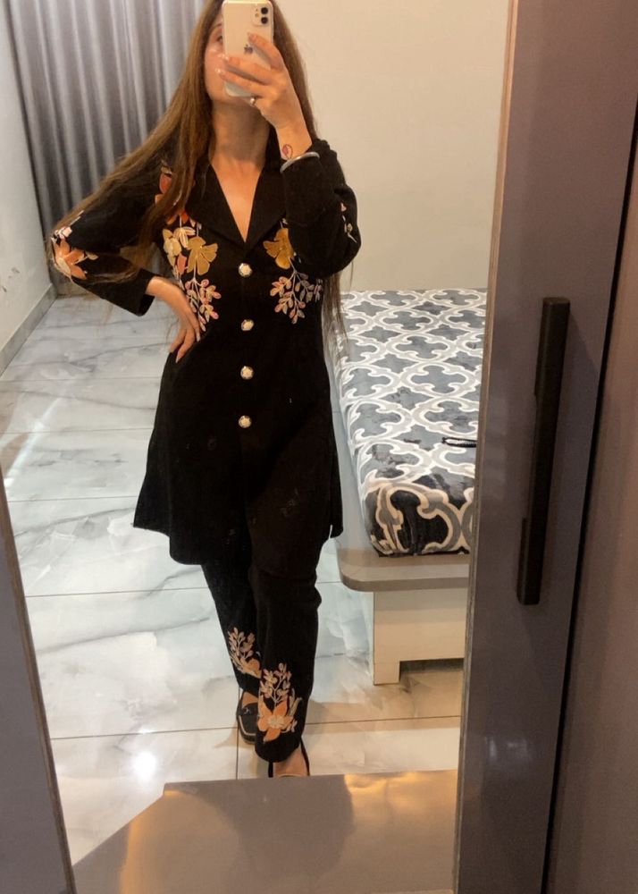 Floral Embroidered Black cord set