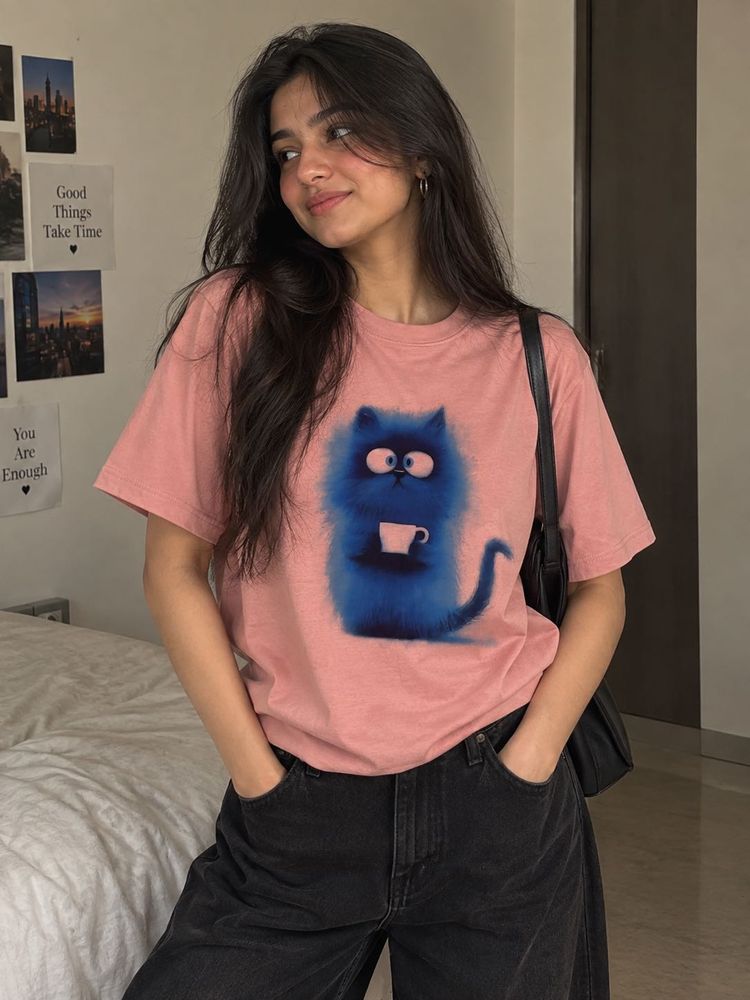Cute Blue Cat Graphic T-Shirt