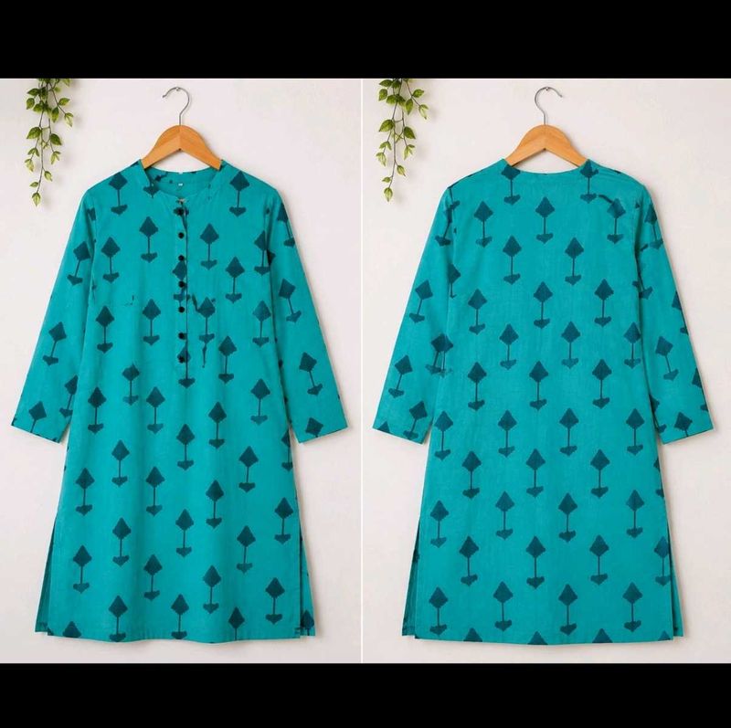 Teal Printed Cotton Kurti triangle tree
