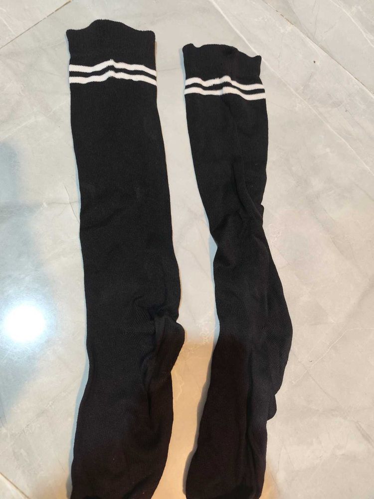 Black Knee-High Socks with White Stripes