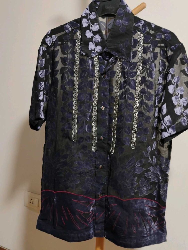 Unique Transparent Velvet Embellished Shirt
