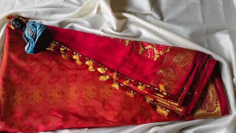 Vibrant Red Silk Saree with Gold Border