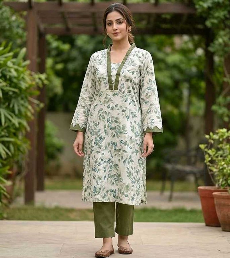 Leaf Print Cotton Kurta with touser set