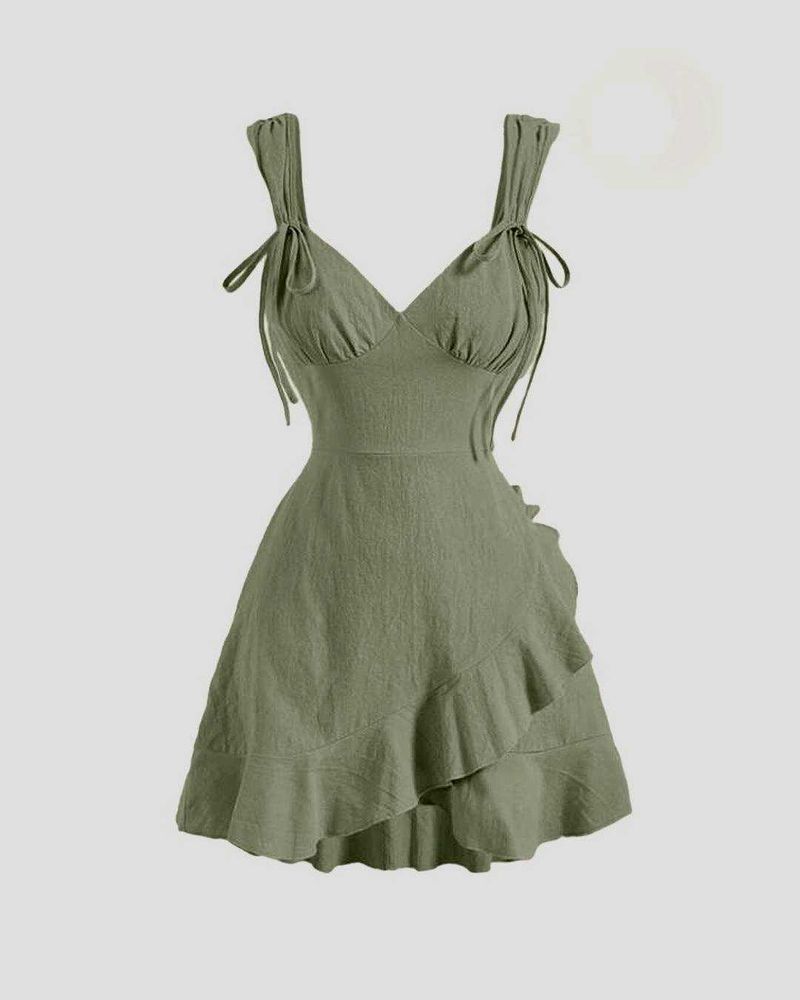 Olive Green Ruffle Tie Strap Dress