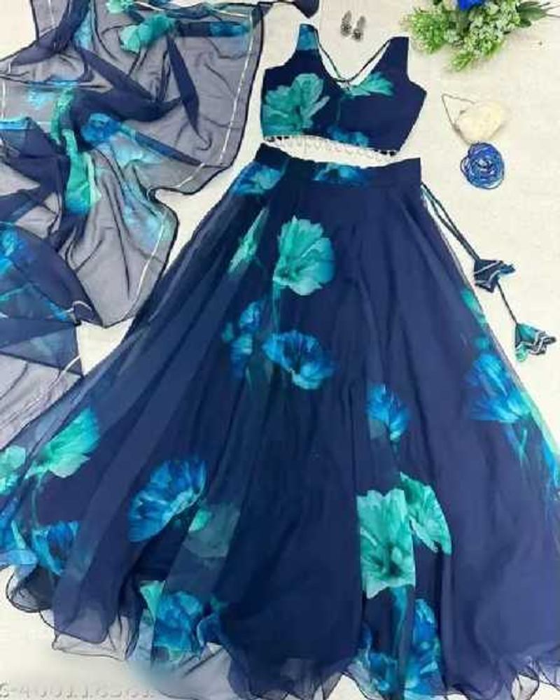Floral Print Navy Blue Lehenga Choli