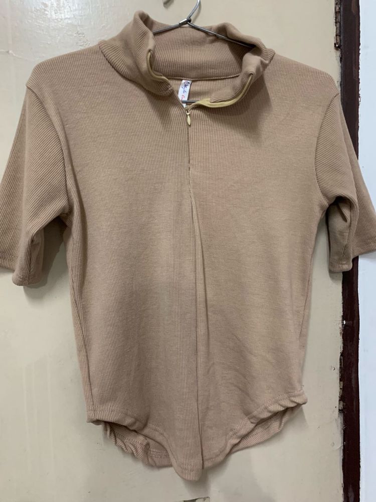 Beige Ribbed Zip Neck Top