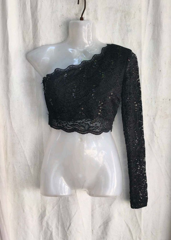 I. Sequin Lace One-Shoulder Crop Top