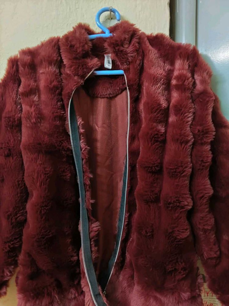 Luxurious Maroon Faux Fur Jacket
