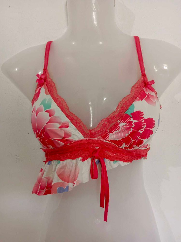 Floral Print Bra with Lace Trim