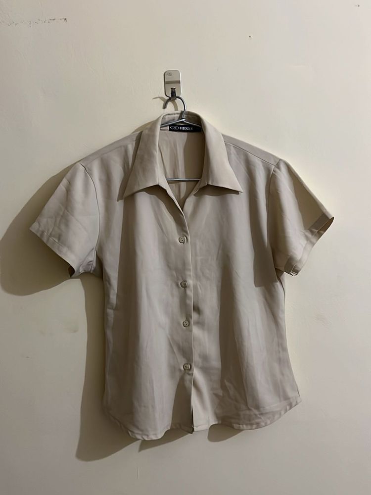 Classic Beige Short-Sleeve Button-Up Top