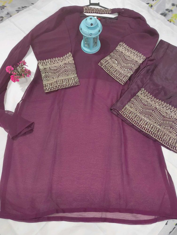 Purple Georgette Kurta Set With Dupatta