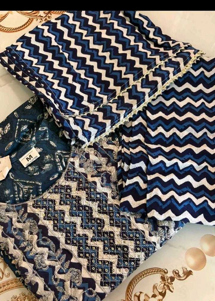Blue Chevron Print Kurta Set
