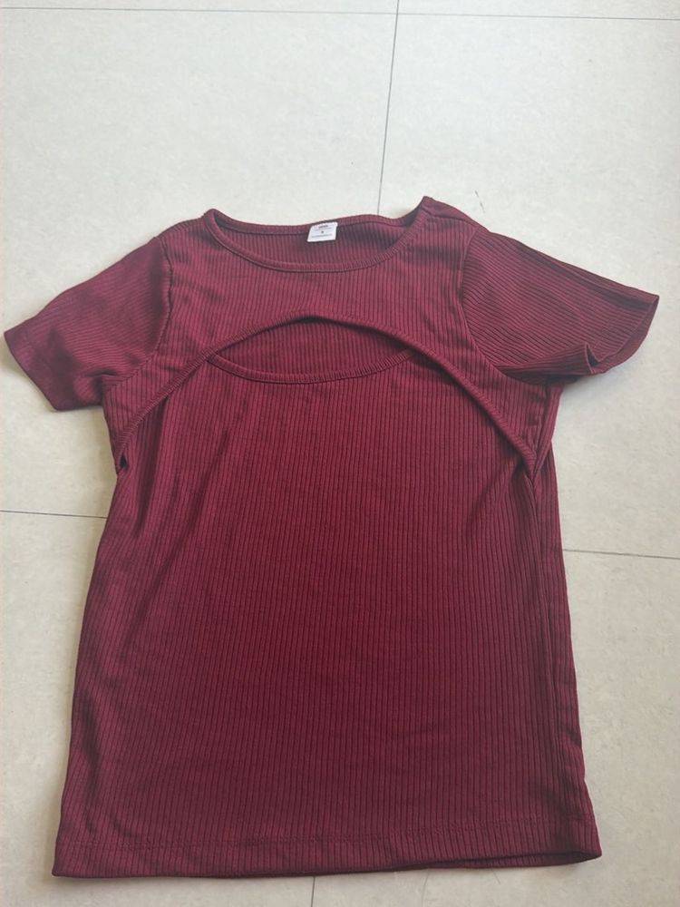 Maroon Ribbed Cut-Out Tee
