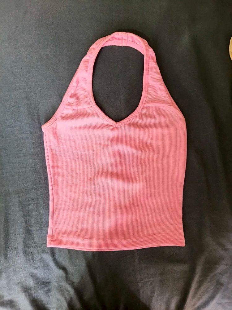 Pink Ribbed Halter Neck Crop Top