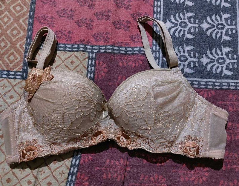 Elegant Beige Floral Lace Bra