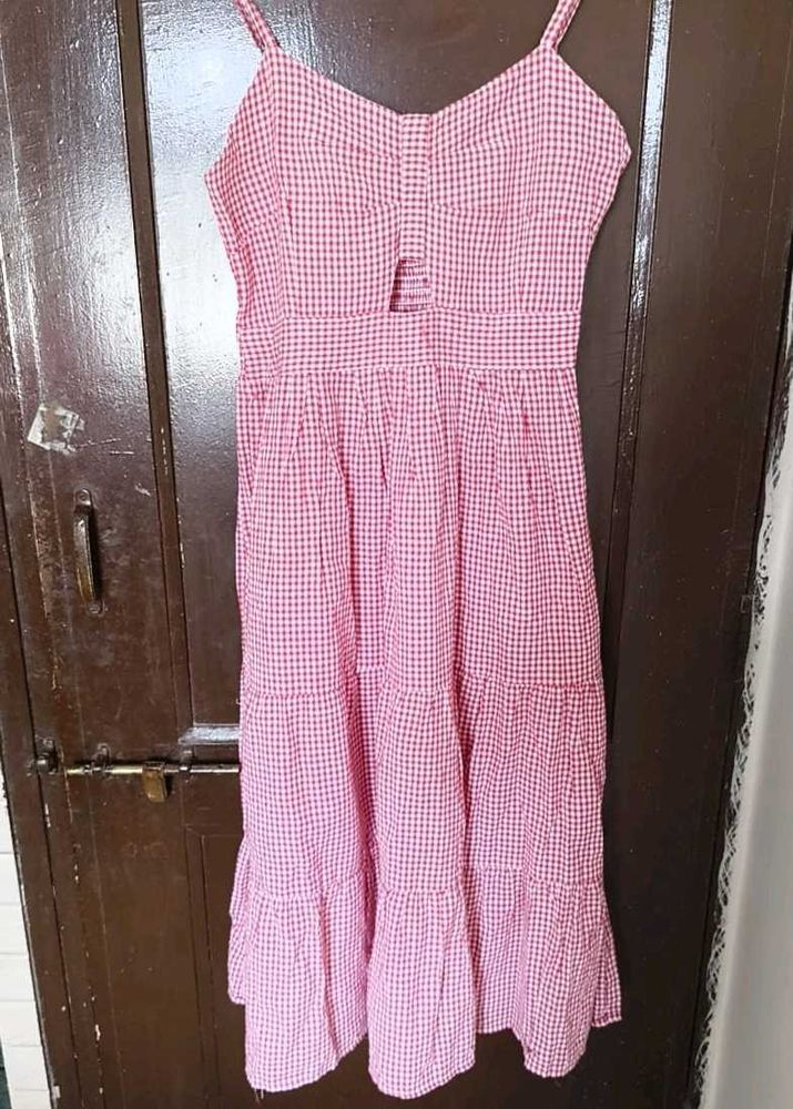 Cute Pink Gingham Tiered Midi Dress