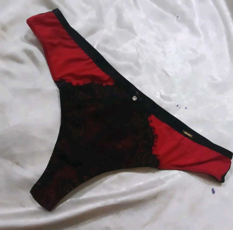 Red &amp; Black Lace Thong Panty