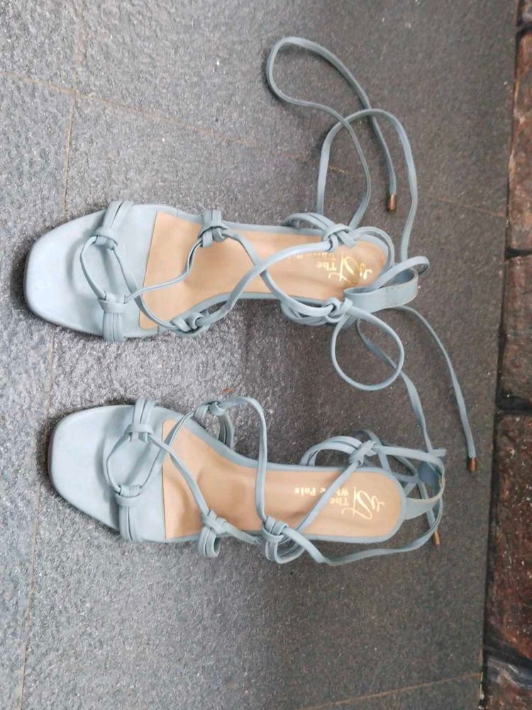 Pastel Blue Lace-Up Square Toe Sandals