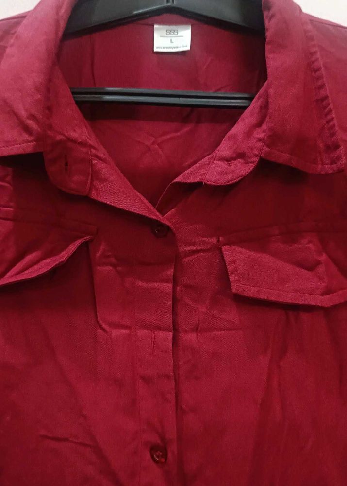 Burgundy Button-Up Shirt with Pockets