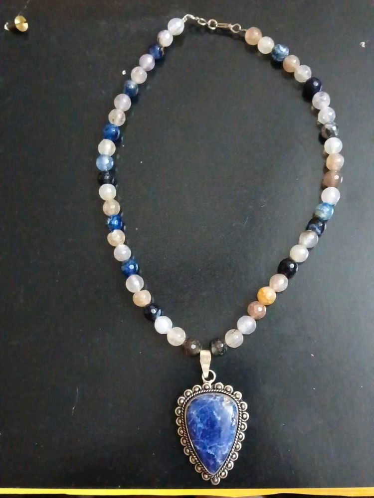 Boho Beaded Necklace with Blue Stone