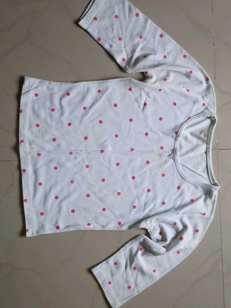 White Long Sleeve Top with Pink Polka Dots