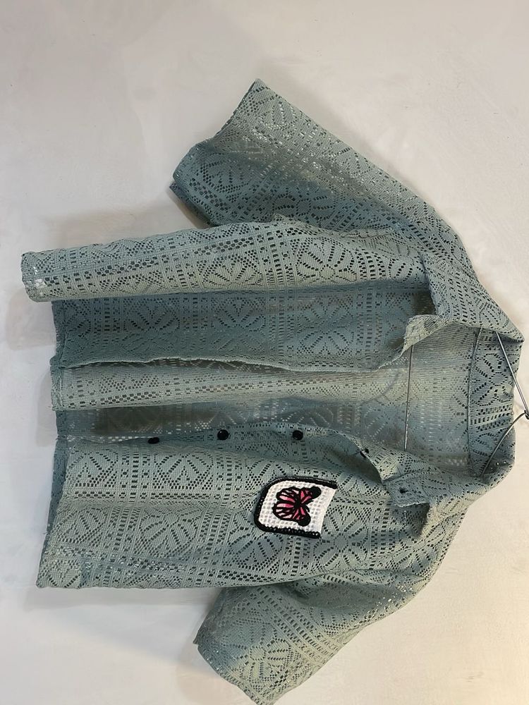 Sheer Lace Butterfly Patch Shirt