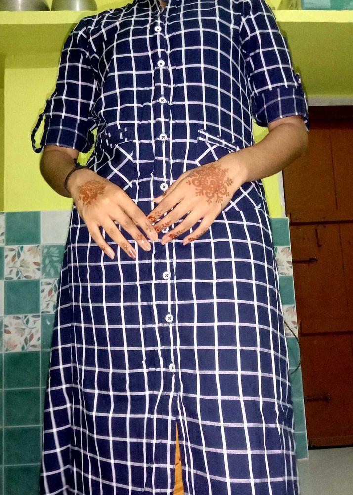 Navy &amp; White Checked Button-Down Dress