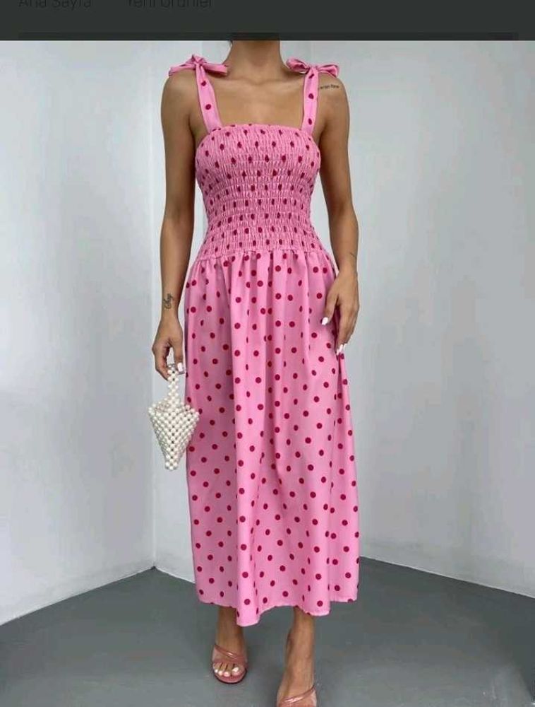 Pink Polka Dot Smocked Midi Dress