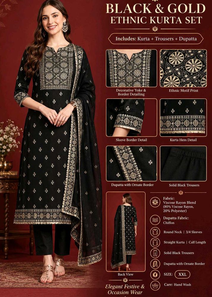 Black &amp; Gold Ethnic Kurta Set with Dupatta