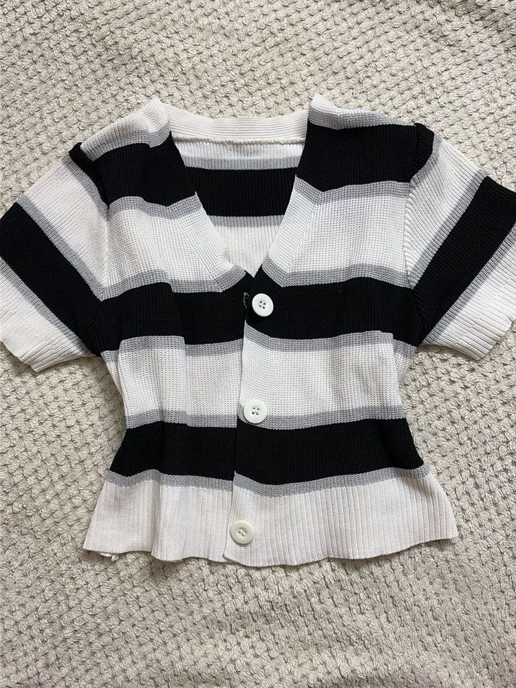 Striped Button-Up Knit Top