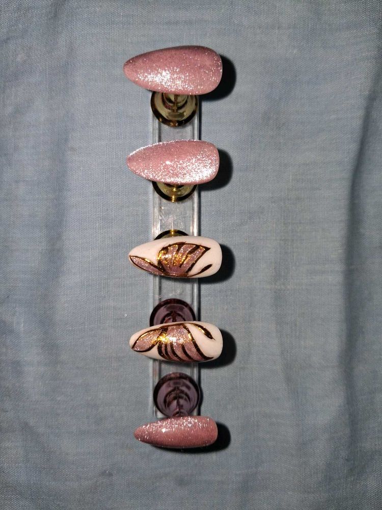 Press-On Nails - Pink Cateye with Butterfly design