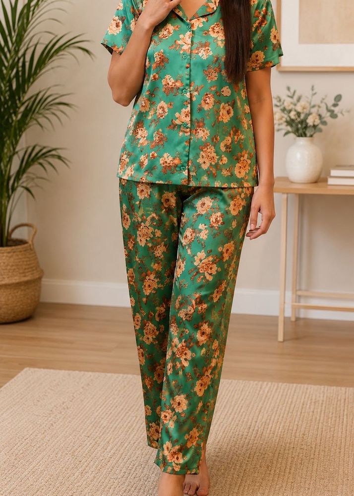 Sea Green Floral Satin Pyjama Set