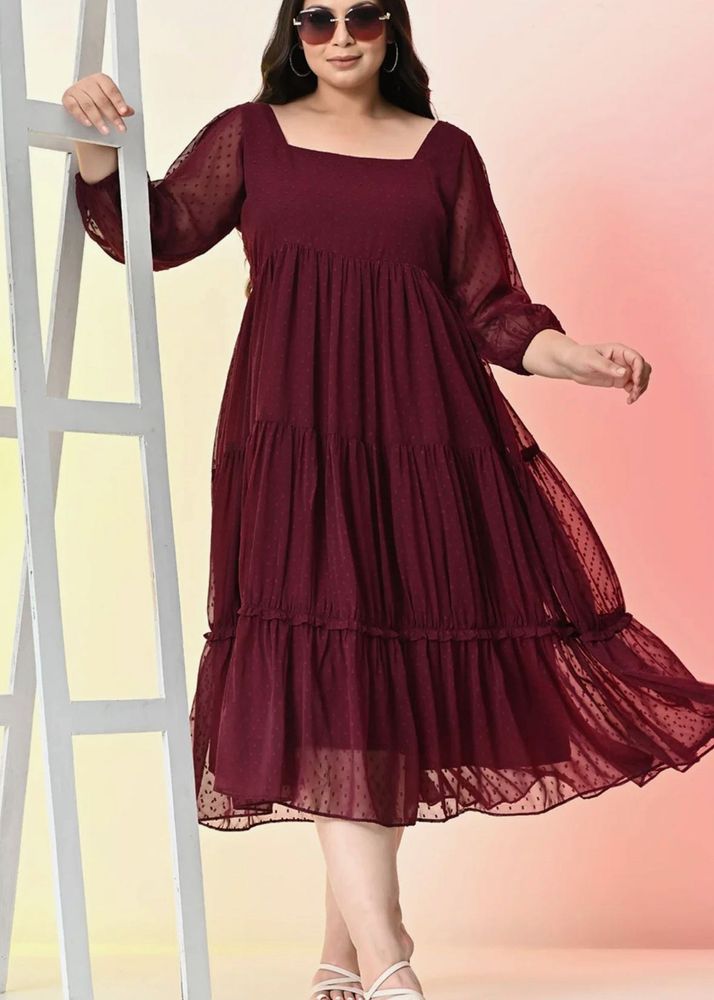 Maroon Tiered Swiss Dot Dress