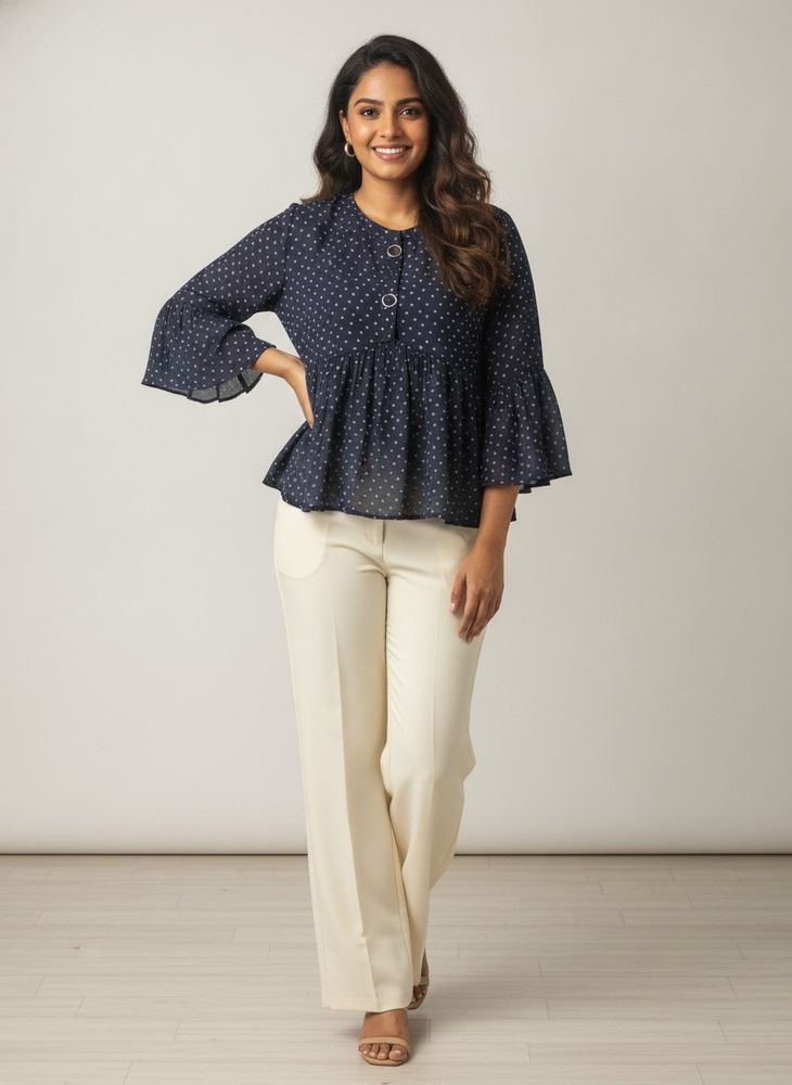 Chic Navy Polka Dot Bell Sleeve Top