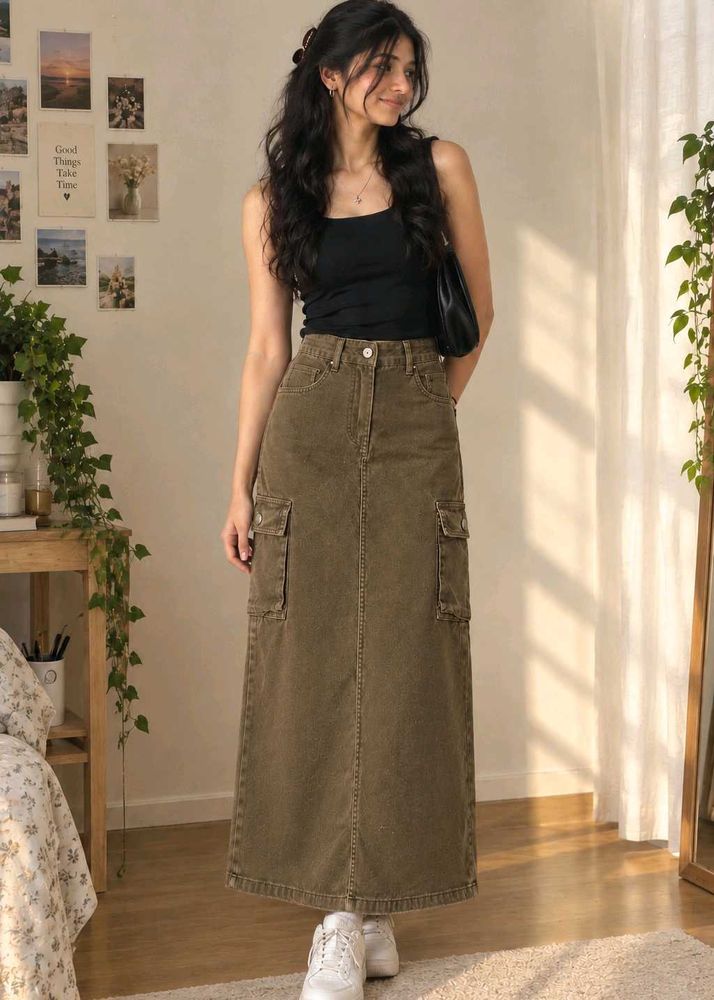 Chocolate Brown Cargo Maxi Skirt