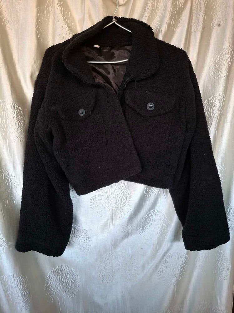 Black Cropped Teddy Jacket