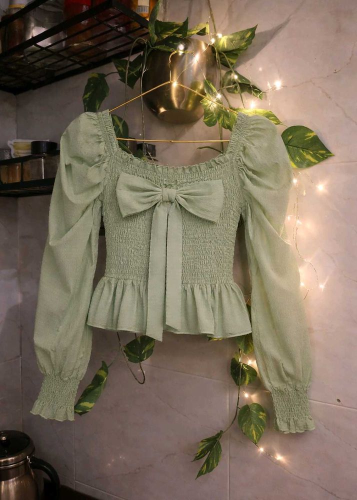 Green Smocked Bow Top