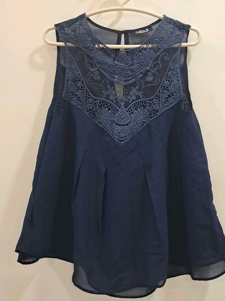 Navy Blue Lace Trimmed Top