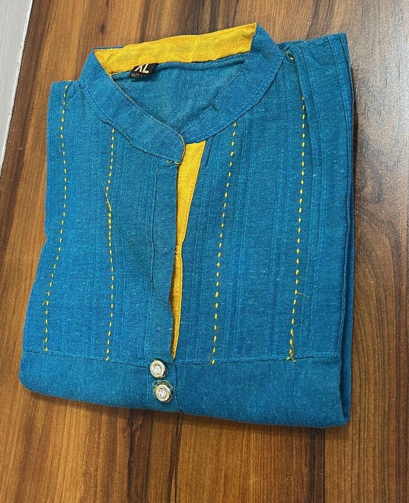 Teal Blue Kurta with Yellow Neckline