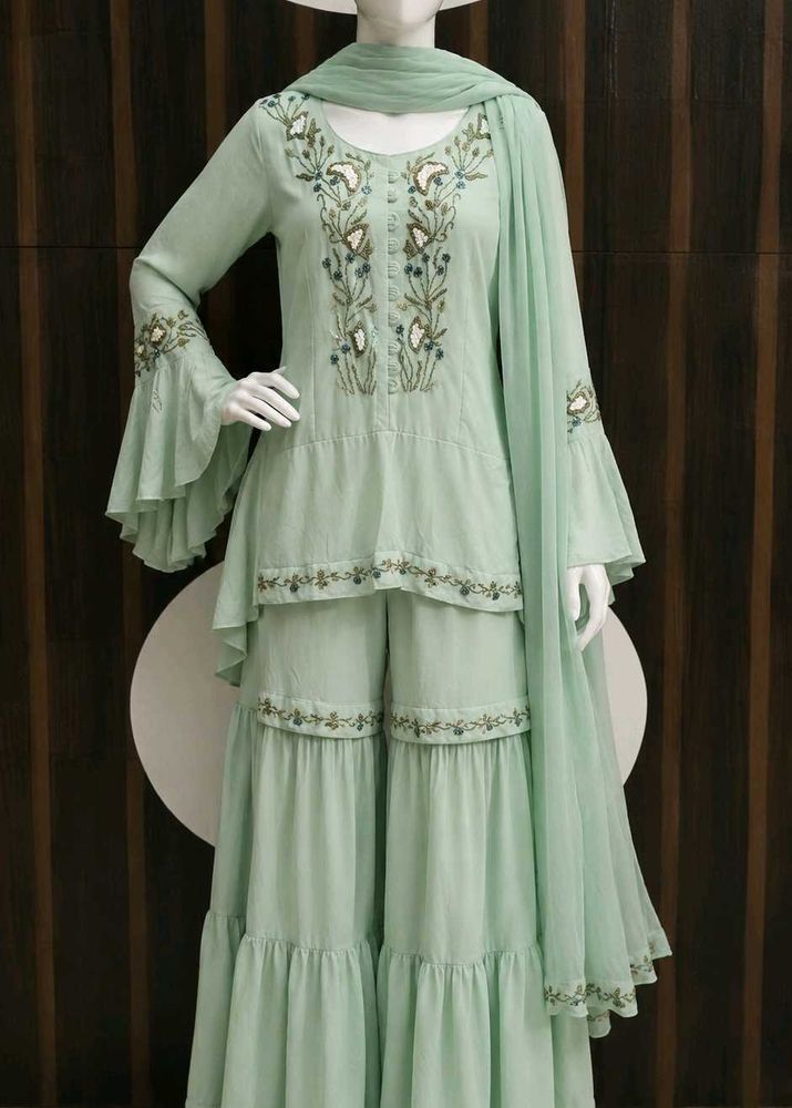 Elegant Mint Green Kurta Set/sharara with Dupatta