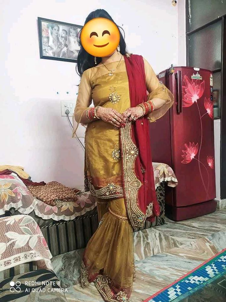 Gold &amp; Red Gharara Suit Set with heavy work