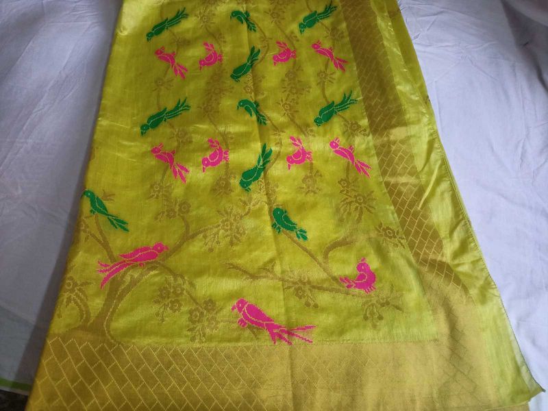 Party wear Yellow Saree with Bird Motifs