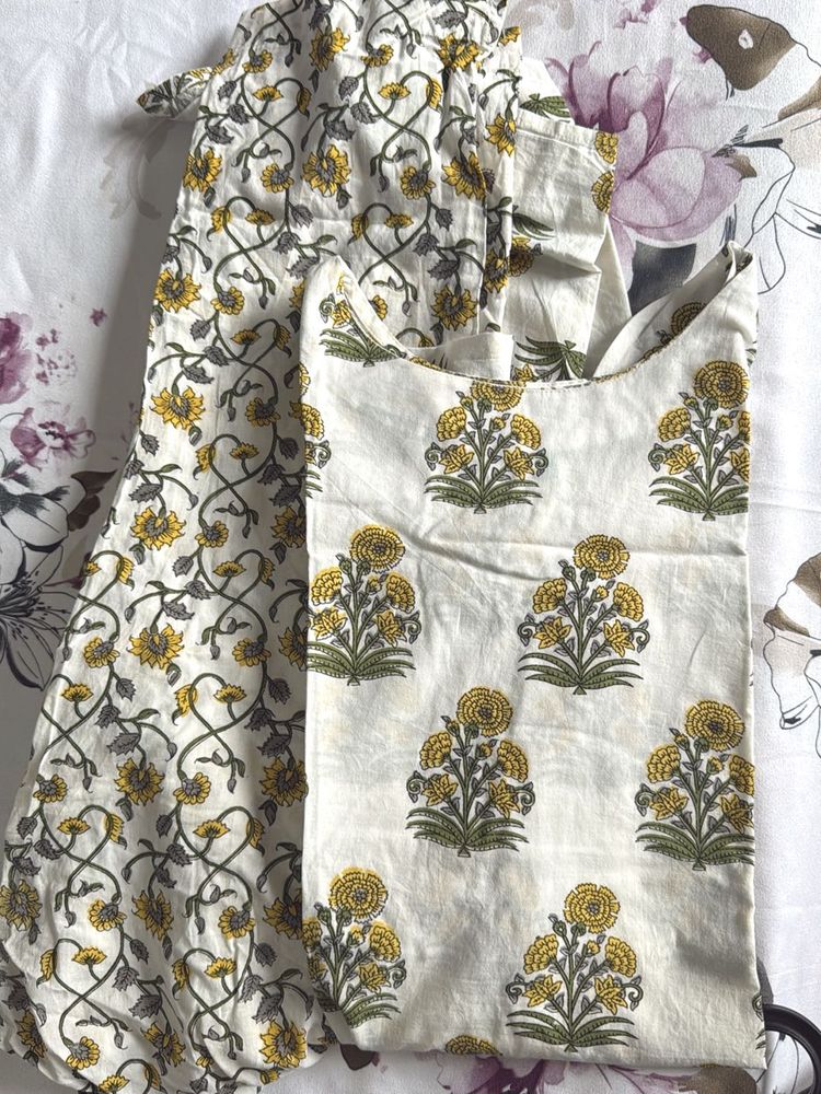 White and yellow Floral Kurta Set