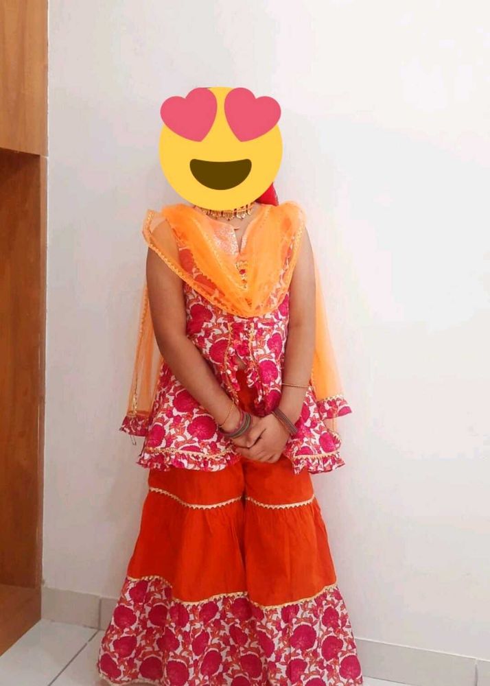 Orange And Pink Sharara Set 6-7 Year Girl
