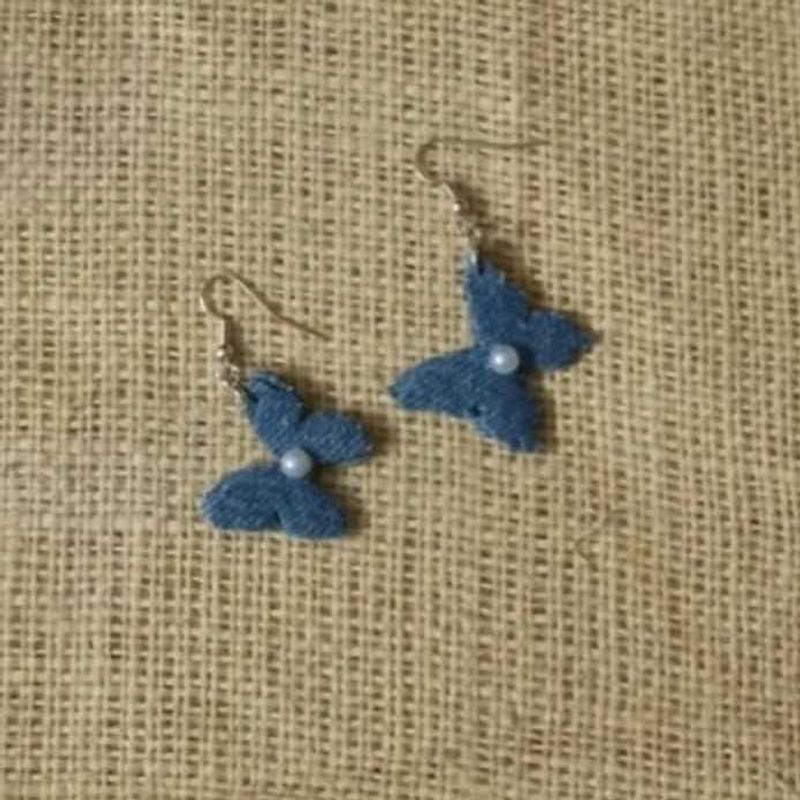 Denim Butterfly Earrings with Pearl