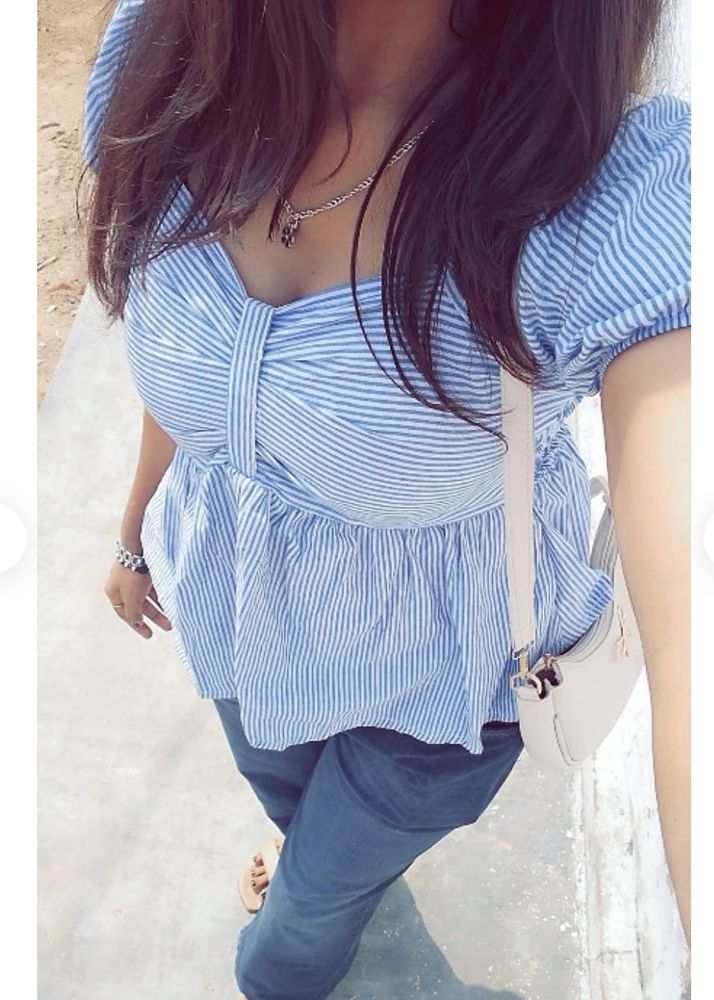 Blue Striped Peplum Top