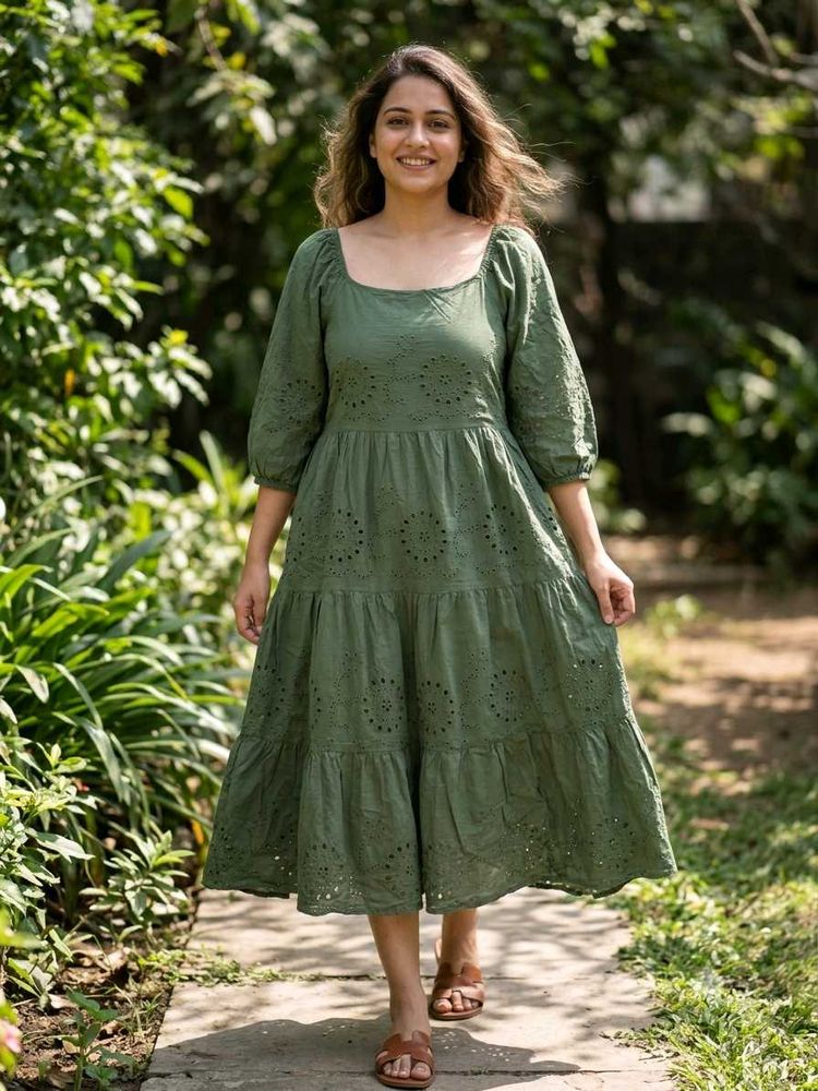 Chic Olive Green Tiered Eyelet Dress