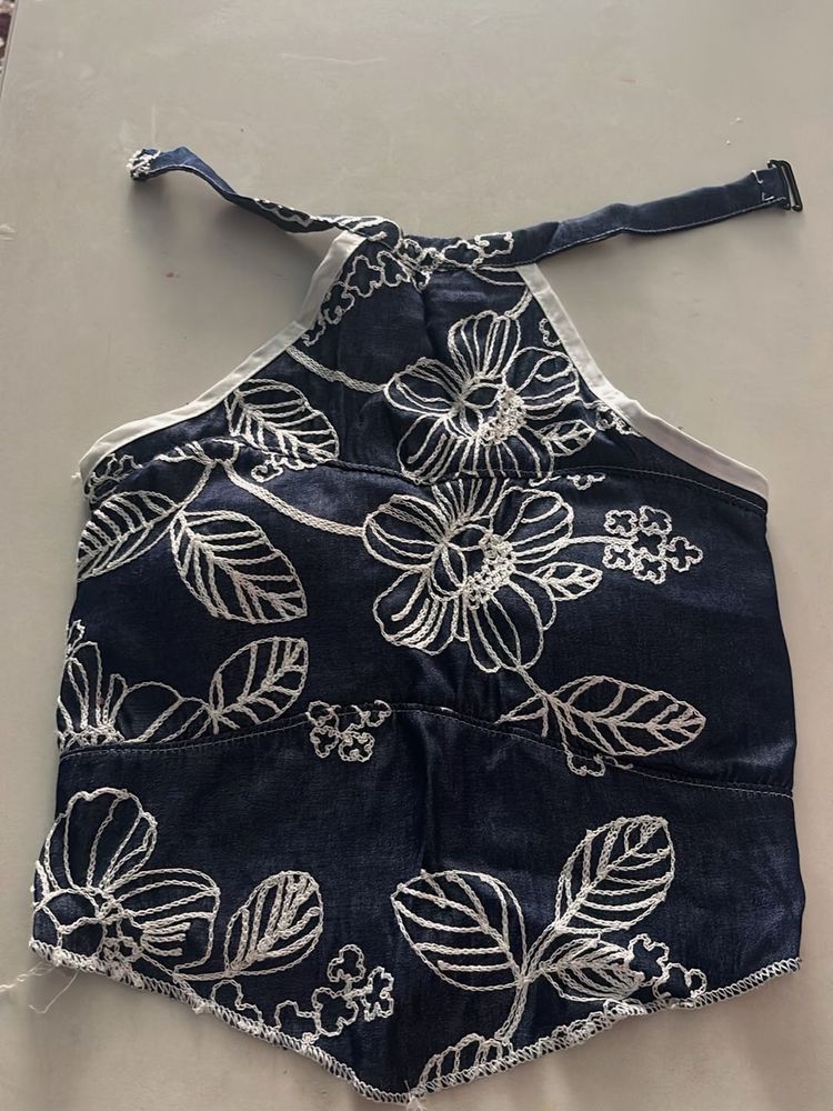 Embroidered Padded Denim Halter Top