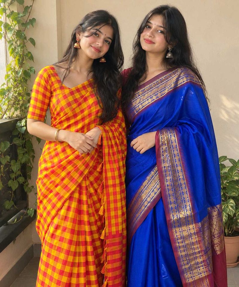 Vibrant Checked &amp; Royal Blue Sarees