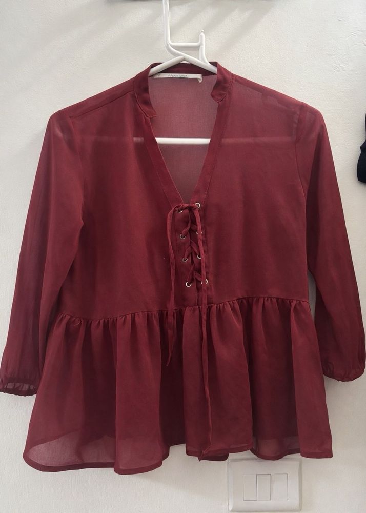 Chic Burgundy Sheer Peplum Top